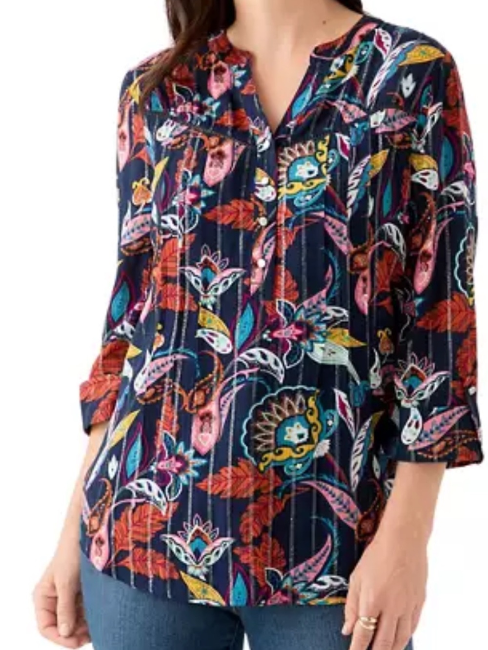 Kim Rogers Medium Navy Metallic Paisley Floral Tunic Multicolor Accents